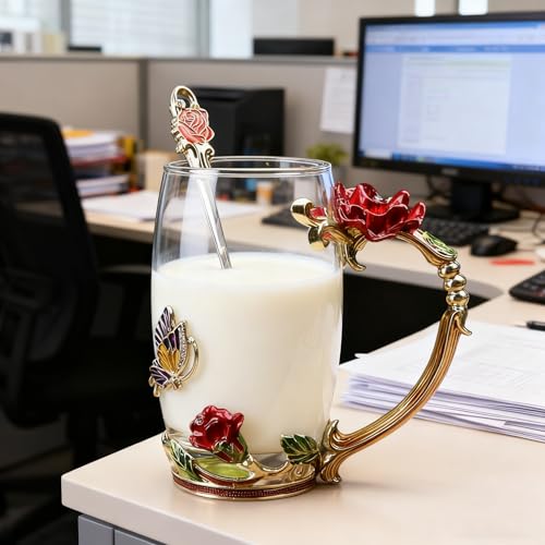 Handicraft Crystal Glass 3D Flower Cups Tea Mug With Tea Spoon Women Coffee