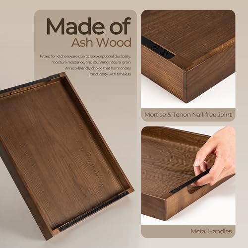 Wooden Serving Tray with Metal Handles