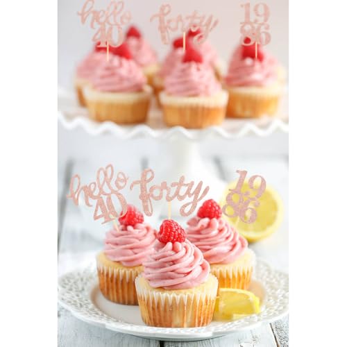 Rose Gold Glitter 40th Birthday Cupcake Toppers (24 Count)