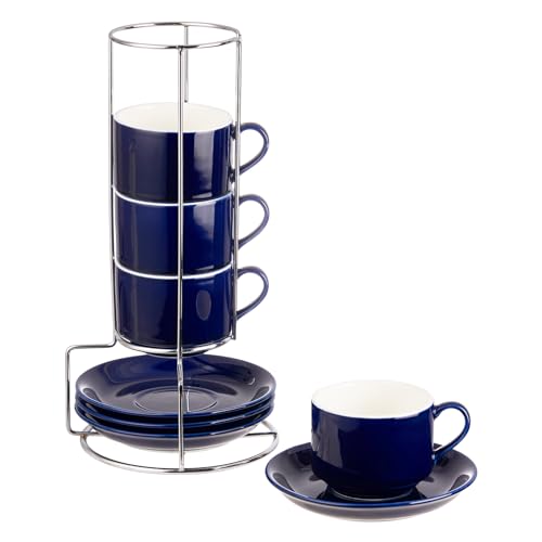 8 Ounce Stackable Cappuccino Cups with Saucers and Metal Stand (4 Count)