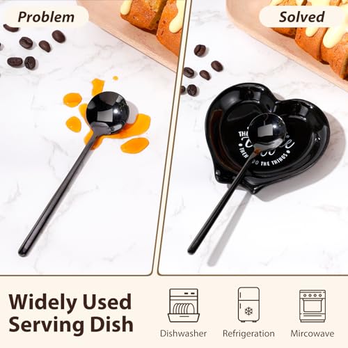 2 Pcs Ceramic Coffee Spoon Rest with Spoon Small Heart Black White Stirrer Holder Bar Station Accessories Decoration Lover Housewarming Gift