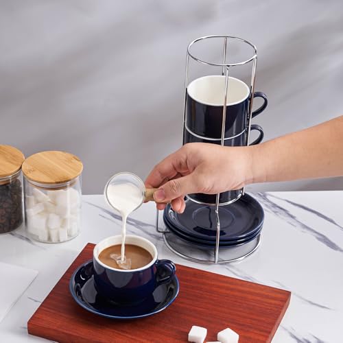 8 Ounce Stackable Cappuccino Cups with Saucers and Metal Stand (4 Count)