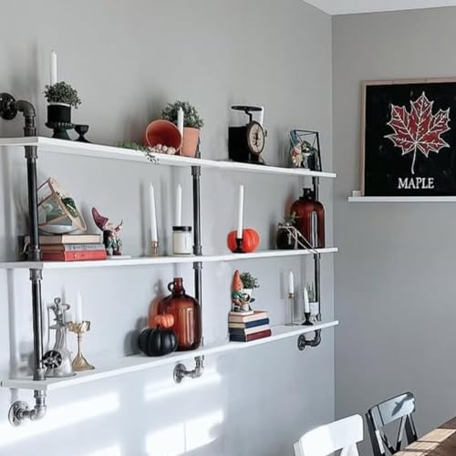 Industrial Pipe Shelving Rustic White Pipe Wall Shelves Industrial Shelves with Wood Planks Floating Shelves 60 Inch Farmhouse Bathroom (3 Count)