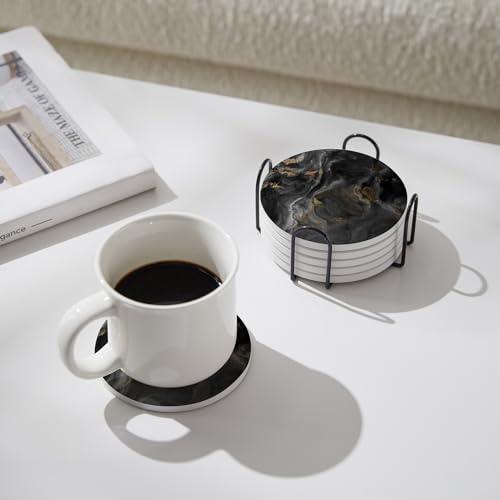 Set of 6 Abstract Black Marble Coasters with Holder (6 Count)