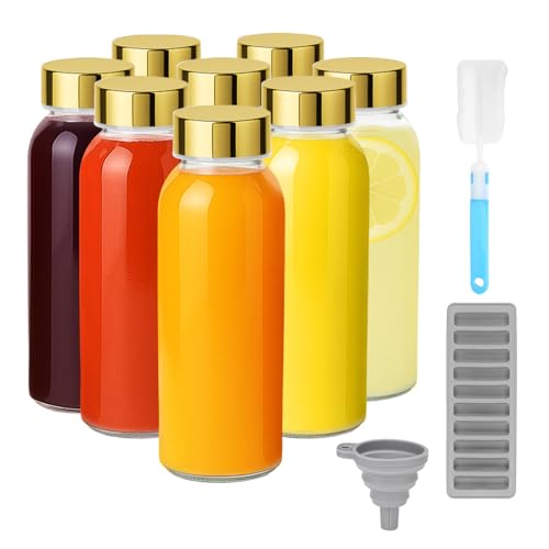 10 oz Glass Juice Bottles with Stainless Steel Gold Lid Leak Proof (8 Count)