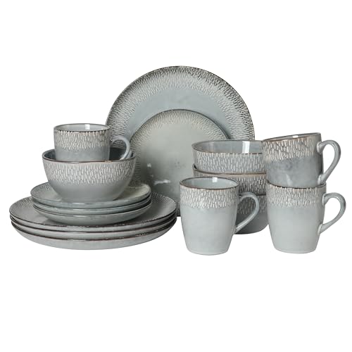 Jasper 16 Piece Plates and Bowls Reactive Glaze Dishes Stoneware Ceramic Dinnerware Set
