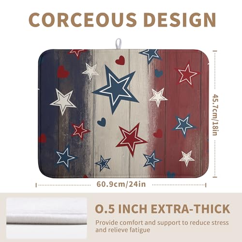 Patriotic Stars Dish Drying Mats 4th of July Dish Mat Blue Red Heart Drying Matt Dishes Dryer Pad for Kitchen Counter Absorbent Microfiber Washable Foldable Reusable 18x24 in