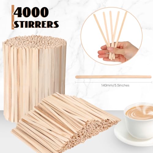 4000 Pack Birch Wood Coffee Stir Sticks 5.5 Inch Disposable Wooden Coffee Stirrers Bulk Long Tea Stirring Stick Round End Swizzle Beverage Mixer for Cocktail Hot Chocolate Drink Summer (4000 Count)