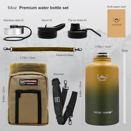 64 oz Insulated Water Bottle with Carrier Bag & 3 Lids