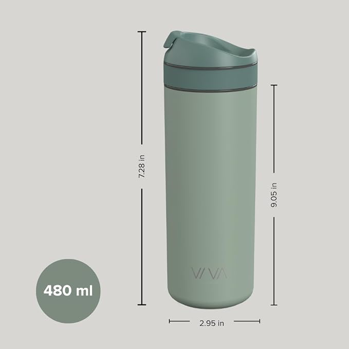 VIVA Recharge Mint Insulated Tea & Coffee Mug & Travel French Press Coffee Maker, 16 oz, Brew & Drink From the Same Coffee Mug On the Go or Camping