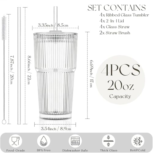 20oz Ribbed glass cups with lids and straws