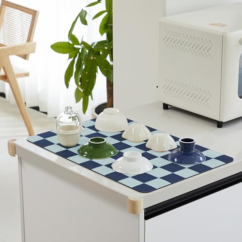 Navy Blue Checkered Dish Drying Mat for Kitchen Counter