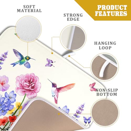 Hummingbird Flower Dish Drying Mat 16x18 inch Watercolor Spring Herb Floral Dish Drainer Mats Wildflower Plant Reversible Microfiber Dish Drying Pad for Kitchen Countertop Small Decor