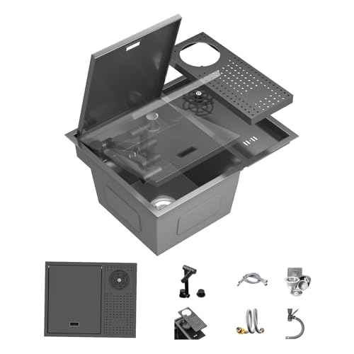 Topmount Bar Sink 21.6 x 17.7 Inch Stainless Steel Single Bowl Workstation Kitchen Sink with Press Cup Washer and Swivel Folding Faucet