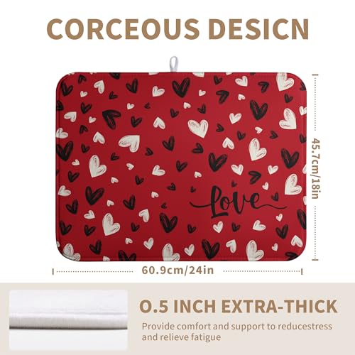 Valentines Day Dish Drying Mat Red Black Love Heart Valentine Kitchen Dish Drying Pad Absorbent Dish Dryer Mat for Kitchen Countertops Microfiber Dishes Drainer Pad Dish Drying Rack Mat