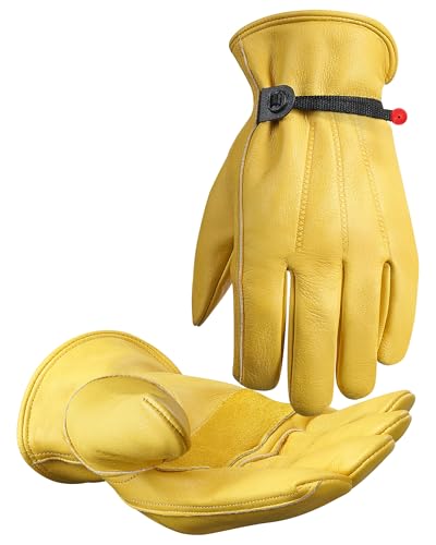 Adjustable Cowhide Leather Work Gloves for Men 1 Pair Golden M