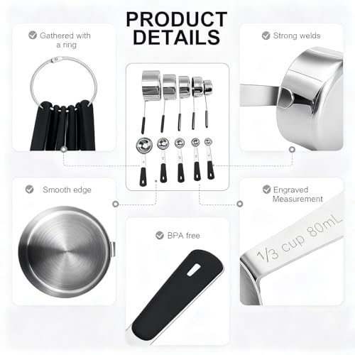 Measuring Cups and Spoons Set Stainless Steel 10 Piece for Cooking and Baking (10 Count)