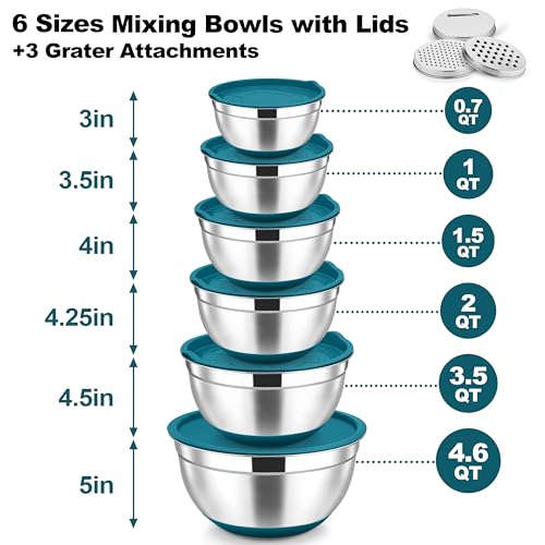 Mixing Bowls Stainless Steel Salad Bowl with Lid & Graters (6 Count)