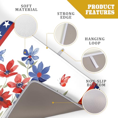 4th of July Flower Dish Drying Mat 18"x24" Independence Day Stars Dish Drainer Mats Watercolor Patriotic Floral Microfiber Dish Drying Rack Pad for Kitchen Countertop Large Decor
