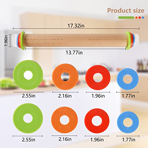 Wood Rolling Pin With 4 Adjustable Thickness Rings