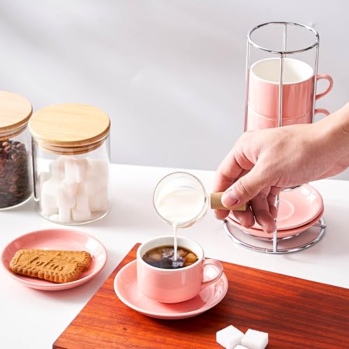 2.5 Ounce Stackable Espresso Cups with Saucers and Metal Stand (4 Count)