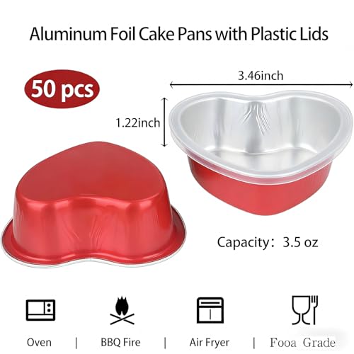 Min Cake Pans 3.5oz Aluminum Foil Heart Cake Pan with Lids (50 Count)