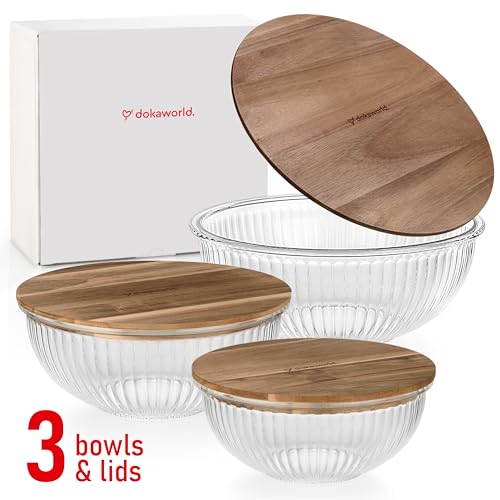 Stackable Glass Mixing Bowls with Acacia Lids Set of 3