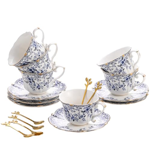 Country Roses Porcelain Tea Cup and Saucer Set with Gold Trim