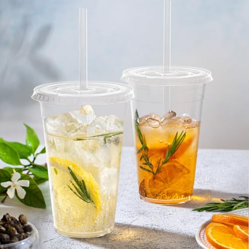 100 Pack 20 oz Clear Plastic Cups with Lids and Straws (100 Count)