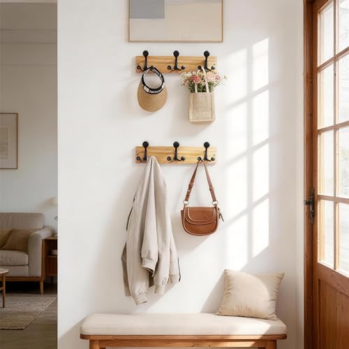 17 Inch Wood Coat Rack Wall Mount with 3 Triple Hooks