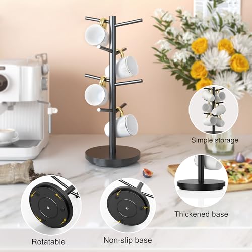 Coffee Mug Holder Tree Upgraded 360Rotated Cup Holder for Counter Black Wood Cup Tree Mug Rack Organizer Stand with 8 Hooks for Kitchen Coffee Bar Accessories