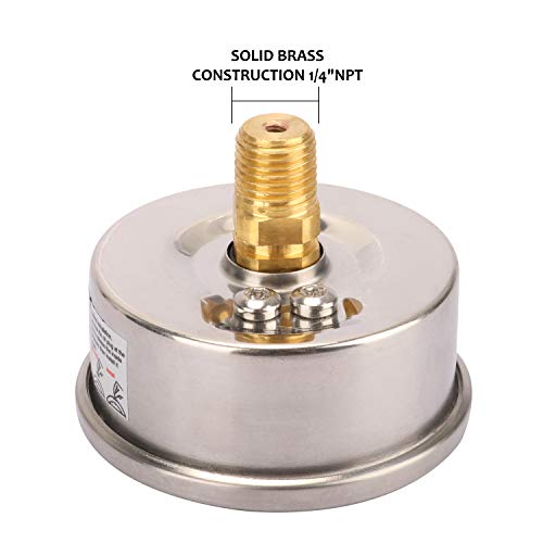 2-1/2inch Dial Size, Liquid Filled Pressure Gauge, 0-60psi/400kpa, 304 Stainless Steel Case, 1/4inchNPT Back Mount