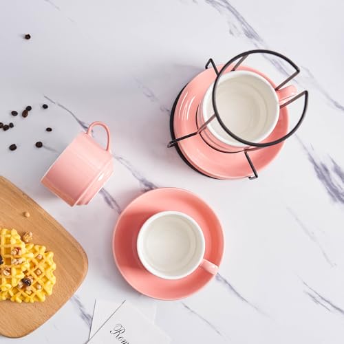 8 Ounce Porcelain Stackable Cappuccino Cups and Saucers Set of 4 (4 Count)