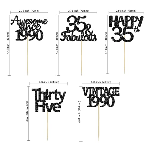 30 Pack Vintage 1989 Cupcake Toppers Black Glitter Thirty Five Happy 35 Cake Decorations Cheers to 35 Years Birthday Cupcake Picks 35th Birthday Anniversary Cake Decorations (30 Count)