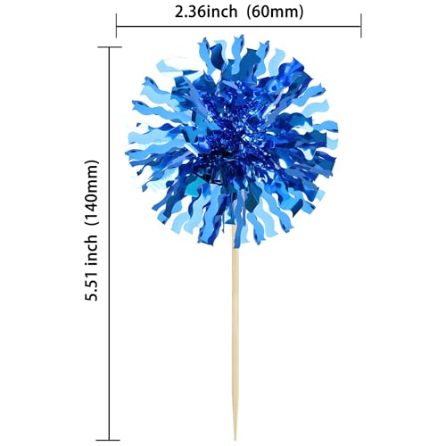 30Pcs Foil Firework Cupcake Toppers Blue Tinsel Flower Drink Stirrers Cocktail Food Fruit Cake Toppers for Valentine's Day Party Decorations Blue (30 Count)