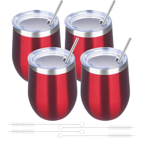 12oz 4 Pack Wine Tumbler Glasses with Lid Stemless Double Wall Vacuum Stainless Steel Travel Tumbler Keeping Cold & Hot for Wine