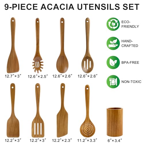 9 Pack Wooden Spoons Non Toxic Cooking Utensil Set with Utensils Holder (9 Count)