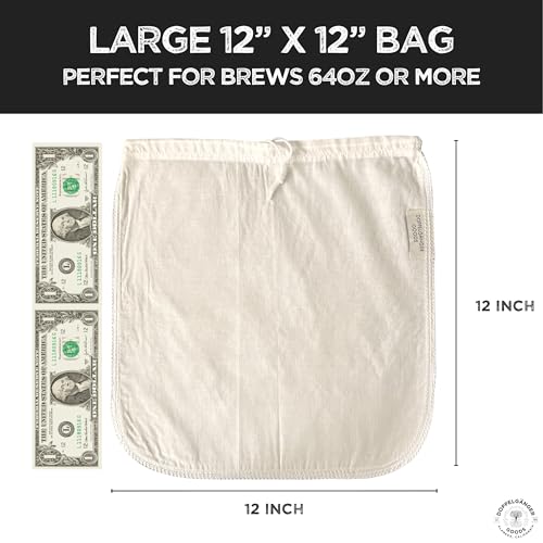 2-Pack, Large 12in x 12in) Organic Cotton Cold Brew Coffee Bag - Designed in California - Reusable Coffee Filter with EasyOpen Drawstring Cold Brew Maker for Pitchers, Mason Jars, & Toddy Systems (2 Count)