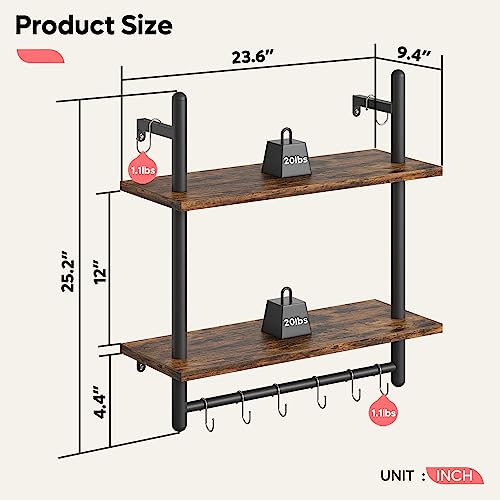 24" 2 Tier Industrial Pipe Wall Shelf with 8 Hooks