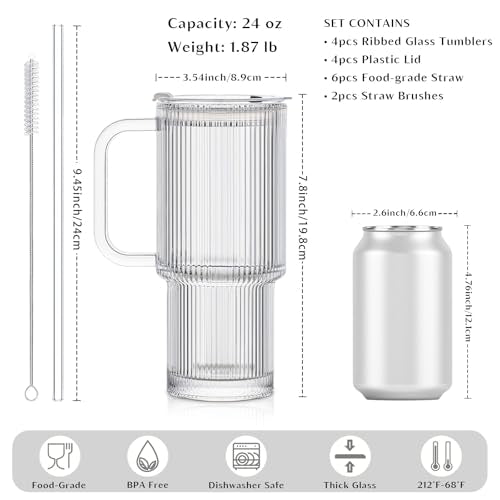 24 oz Ribbed Glass Tumbler with Handle & Lid
