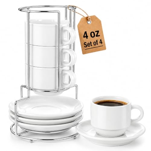 4 oz Espresso Cups Set of 4 with Saucers and Metal Stand (4 Count)