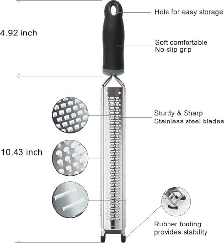 3-in-1 Lemon Zester & Cheese Grater, 304 Stainless Steel, 15-Inch, Black