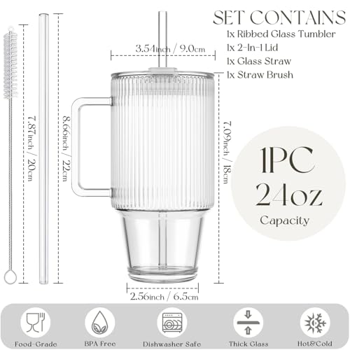 24oz Ribbed Glass Cup with Lid & Straw
