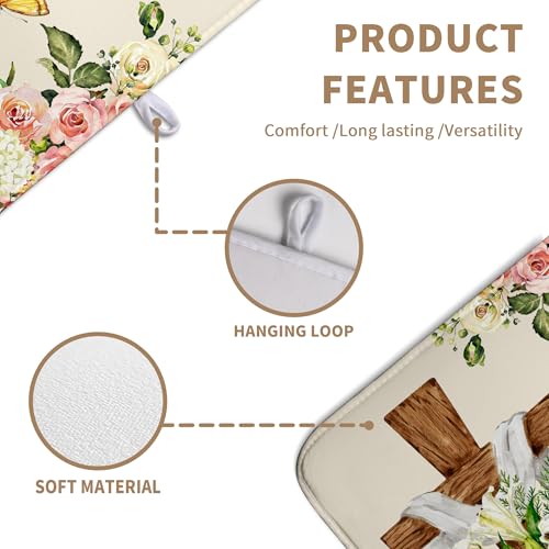 Easter He Is Risen Dish Drying Mats Spring Floral Dish Mat Easter Cross Drying Matt Dishes Dryer Pad for Kitchen Counter Absorbent Microfiber Washable Foldable Reusable 18x24 in