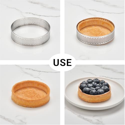 6pcs 304 Stainless Steel Round Tart Ring 3.15 inch Metal Perforated Cake Mold Pastry Molud for Circle Tartlet French Dessert Small Fruit Tarte Crust