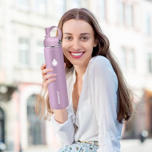 Stainless Steel Wide Mouth Water Bottle 32oz Double Wall Vacuum Insulated Leak Proof Bottle with New Flex Straw Lid & Spout Lid