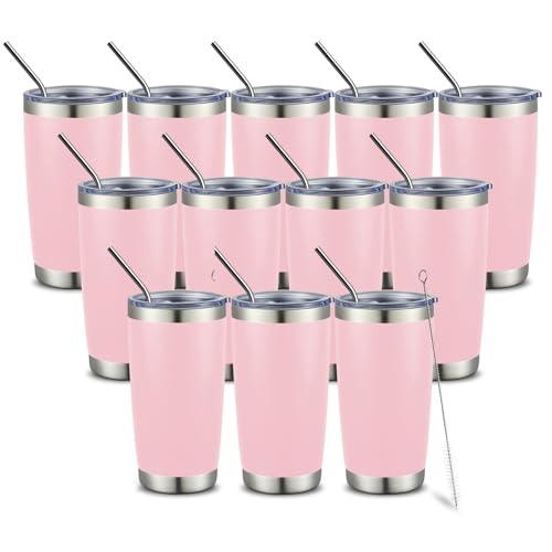 20oz Double Wall Vacuum Insulated Travel Mug Stainless Steel Tumbler with Lid and Straw Durable Powder Coated Insulated Coffee Cup for Cold & Hot Drinks (12 Count)