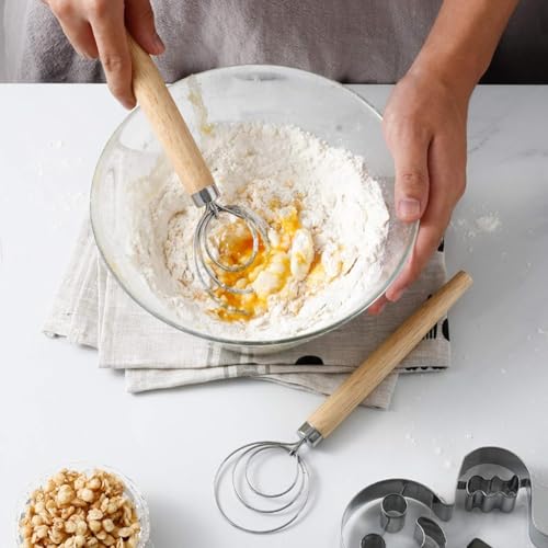 Danish Dough Whisk with Dough Scraper 10" Dutch Bread Whisk Bread Mixer Stainless Steel Dutch Bread Dough Whisk with Wooden Handle Dutch Whisk Baking Tools for Sourdough