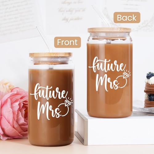 Future Mrs Glass Coffee Cup 16 Oz with Bamboo Lid and Straw