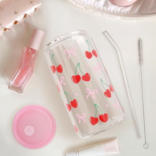 Cherry 16 Oz Can Glass Tumbler with Acrylic Lid and Straw